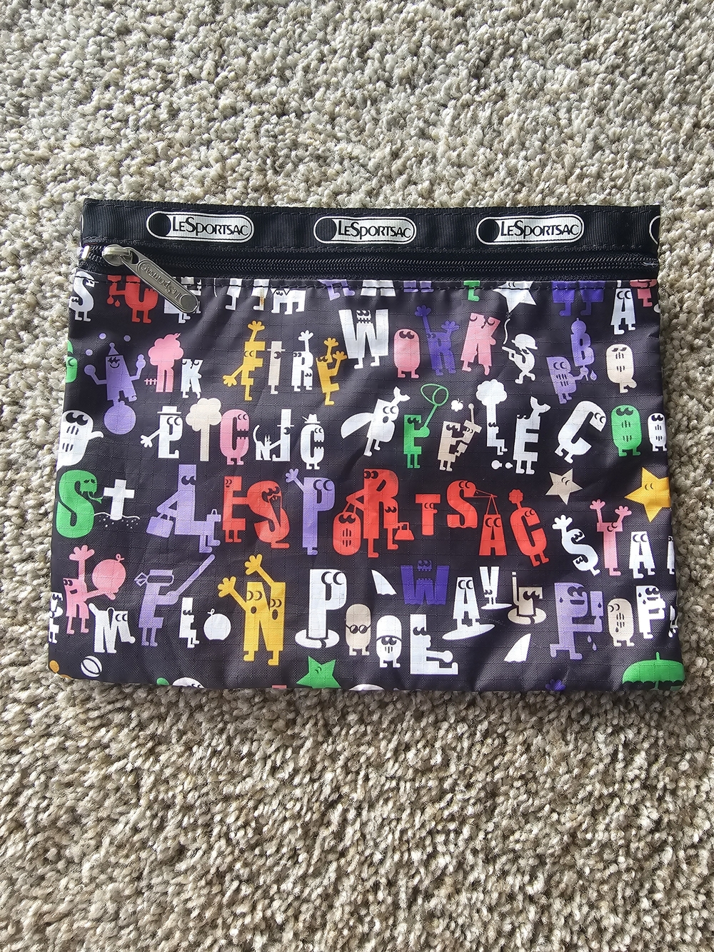 LeSportsac Black Nylon Summer Camp Alphabet Character Zip Pouch